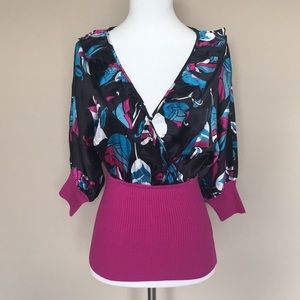 2b Bebe dolman sleeve surplice ruffle silk top XS